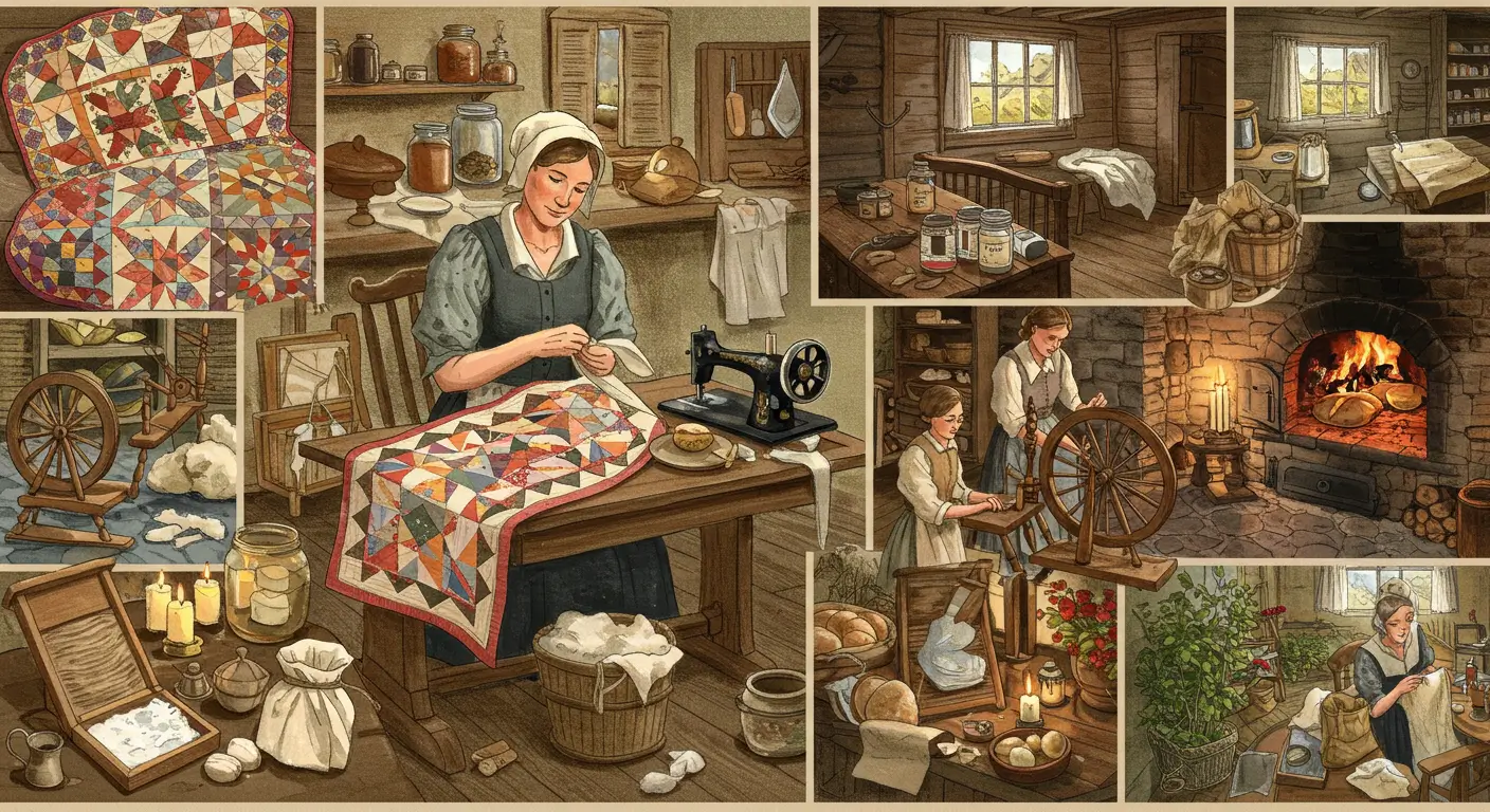 A vintage-style image of a woman in a rustic kitchen, sewing by hand next to a table with freshly baked bread and preserved jars. 