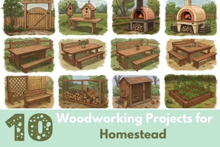 A collection of handmade wooden items including a birdhouse, a rustic bench, and a tool rack, displayed in a homestead setting.